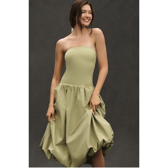 Anthropologie Mare Mare Strapless Drop Waist Bubble Midi Dress Sz XXS Green - Picture 2 of 9